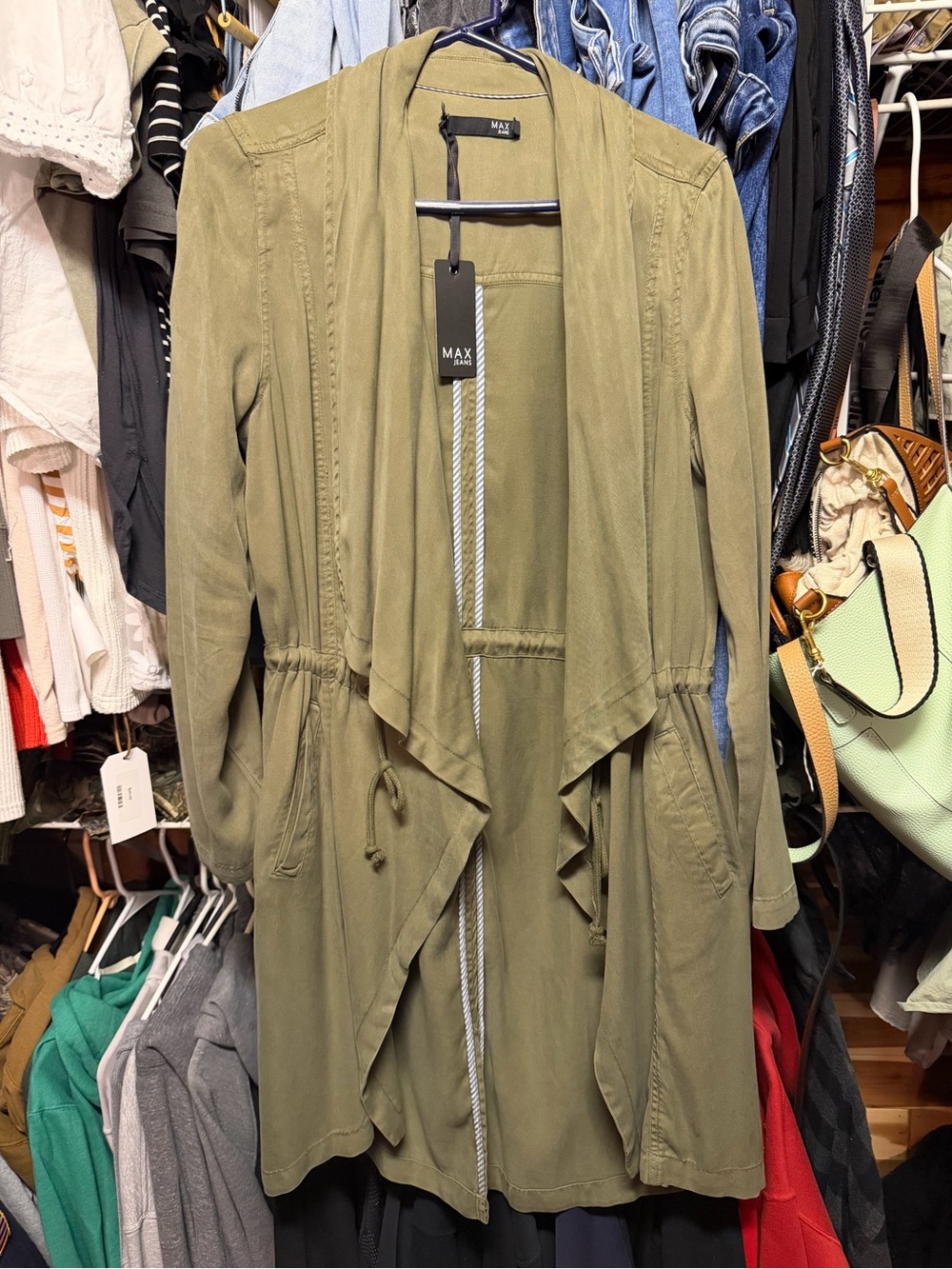 Max Jeans Olive Green Drawstring Utility Trench Coat